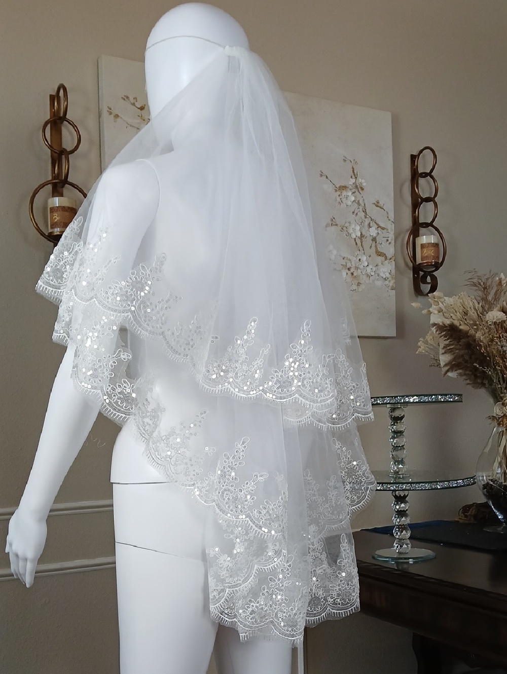 David's Bridal White Two Tier Lace Tulle Embellished Bridal Veil - Picture 6 of 17